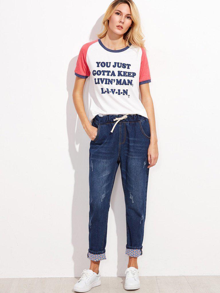 Drawstring Cuffed Jeans-bottom-Des Mess
