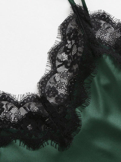 Lace Trim Satin Cami And Shorts Pajama Set-loungewear-Des Mess