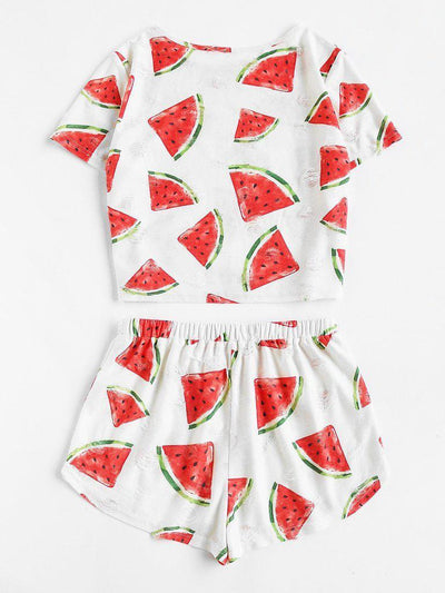 Watermelon Print Frayed Dot Tee And Shorts Set-loungewear-Des Mess