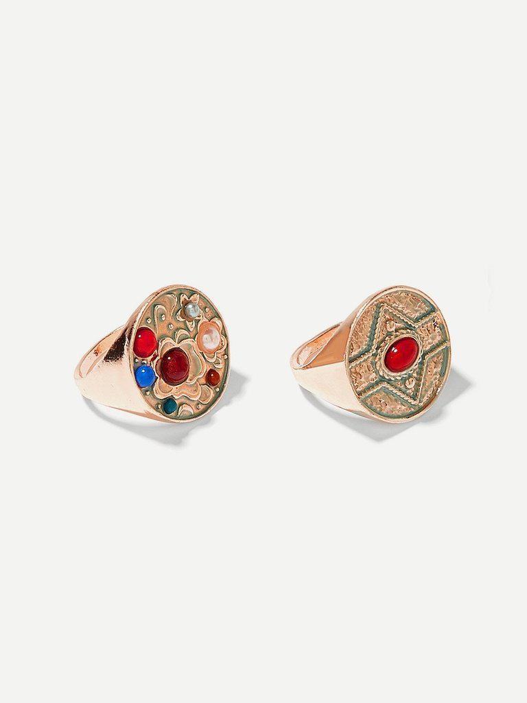 Color Block Detail Ring Set 2pcs-jewelry-Des Mess