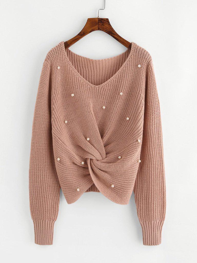 Pearl Beaded Detail Twist Sweater-outerwear-Des Mess