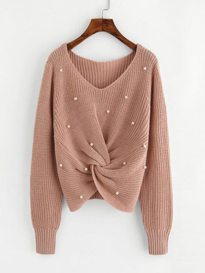 Pearl Beaded Detail Twist Sweater-outerwear-Des Mess
