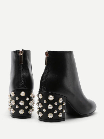 Faux Pearl Back Zipper PU Ankle Boots-shoes-Des Mess