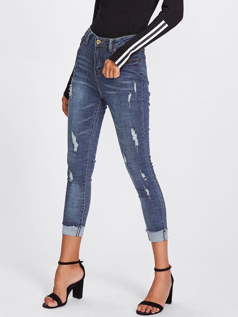 Roll Up Hem Ripped Jeans-bottom-Des Mess