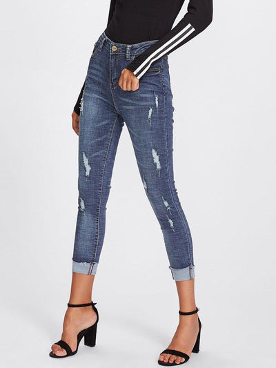 Roll Up Hem Ripped Jeans-bottom-Des Mess