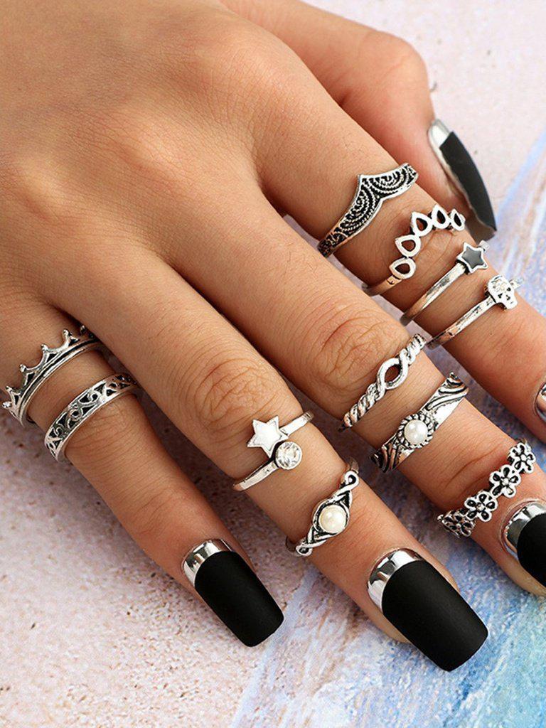 Flower And Star Detail Ring Set 11pcs-jewelry-Des Mess
