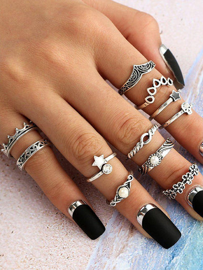 Flower And Star Detail Ring Set 11pcs-jewelry-Des Mess