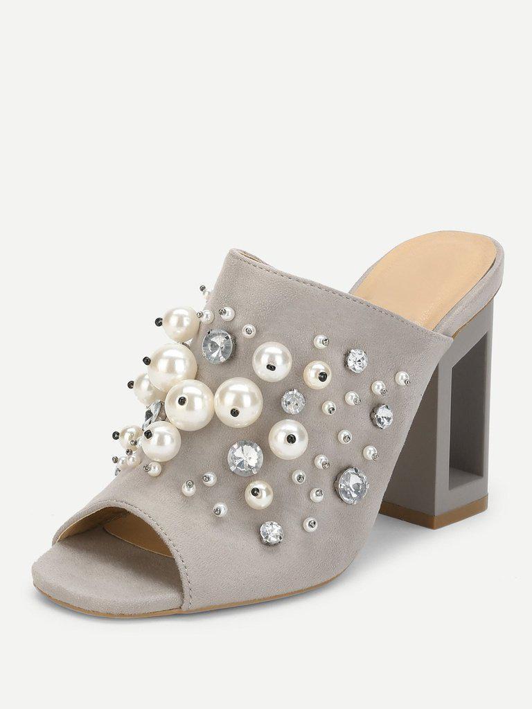 Faux Pearl Decorated Chunky Heeled Mules-shoes-Des Mess