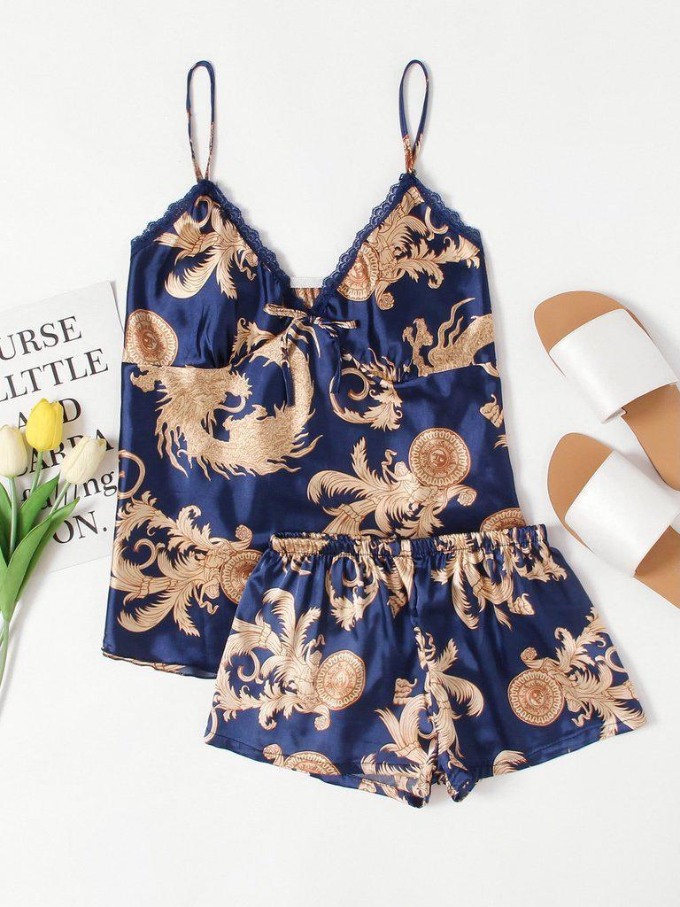 Graphic Print Satin Pajama Set-loungewear-Des Mess