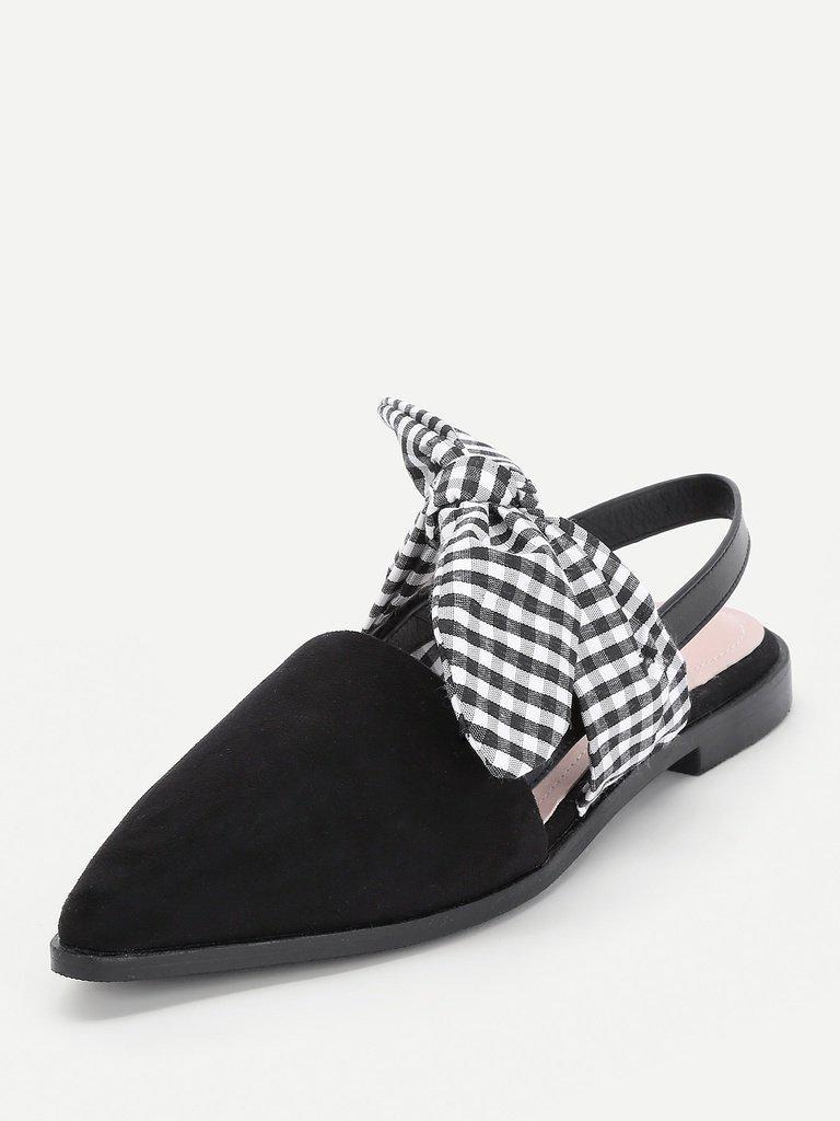 Gingham Bow Tie Decorated Pointed Toe Flats-shoes-Des Mess