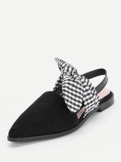 Gingham Bow Tie Decorated Pointed Toe Flats-shoes-Des Mess