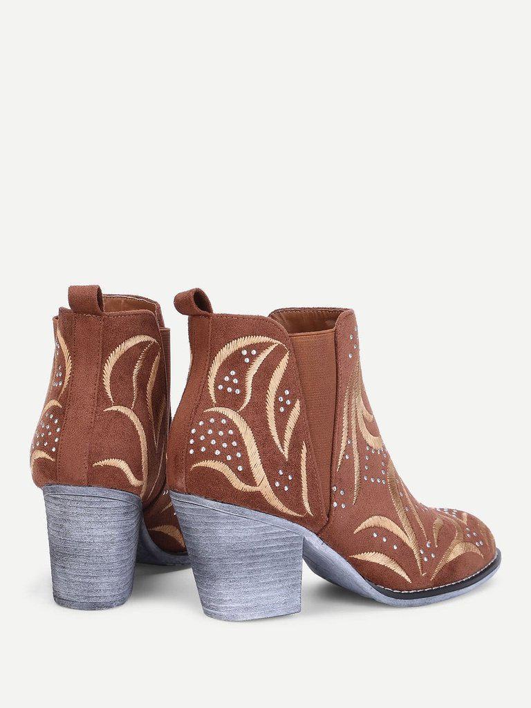Embroidery Detail Block Heeled Ankle Boots-shoes-Des Mess