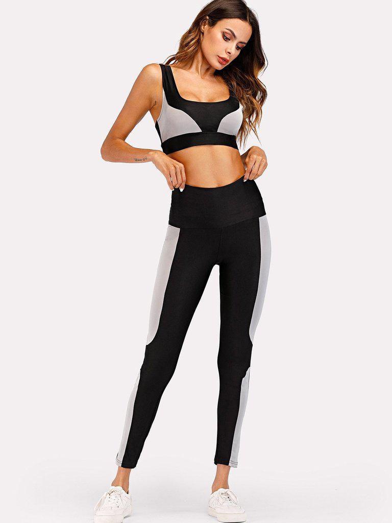 Contrast Panel Sports Bra With Leggings-sportswear-Des Mess