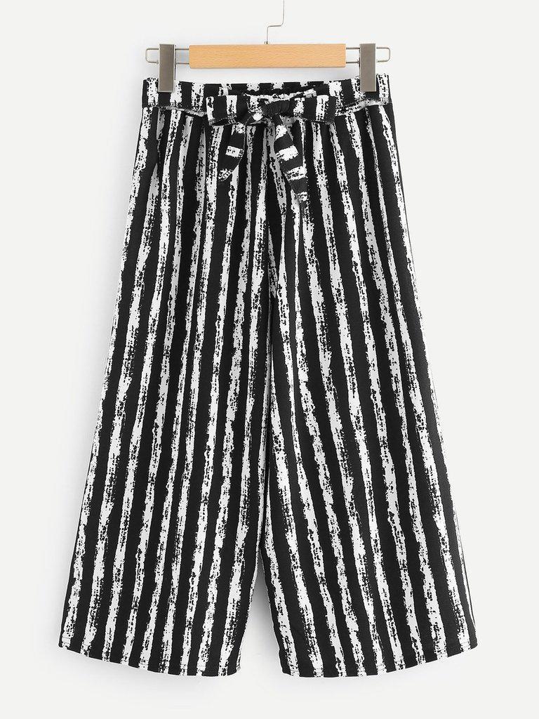 Vertical-Stripe Self Tie Wide Leg Pants