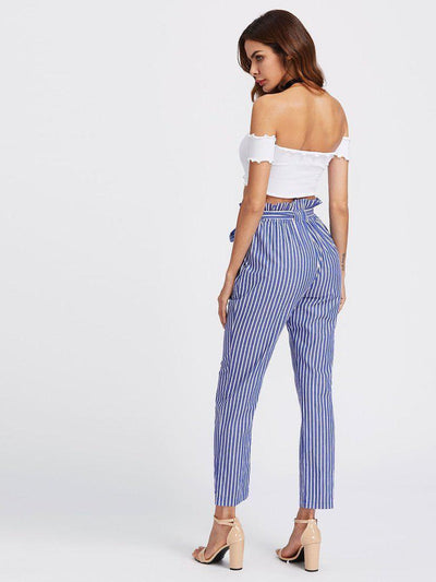 Self Tie Frill Waist Pinstripe Pants-bottom-Des Mess