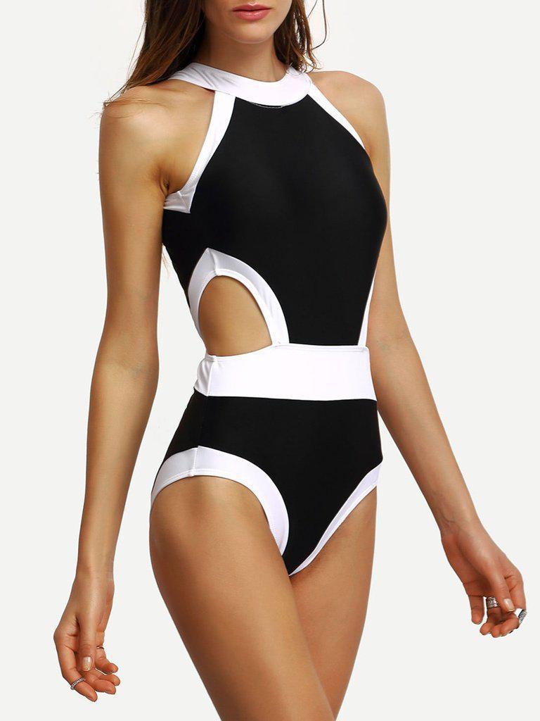 Contrast High Neck Cutout One-Piece Swimwear-swimwear-Des Mess