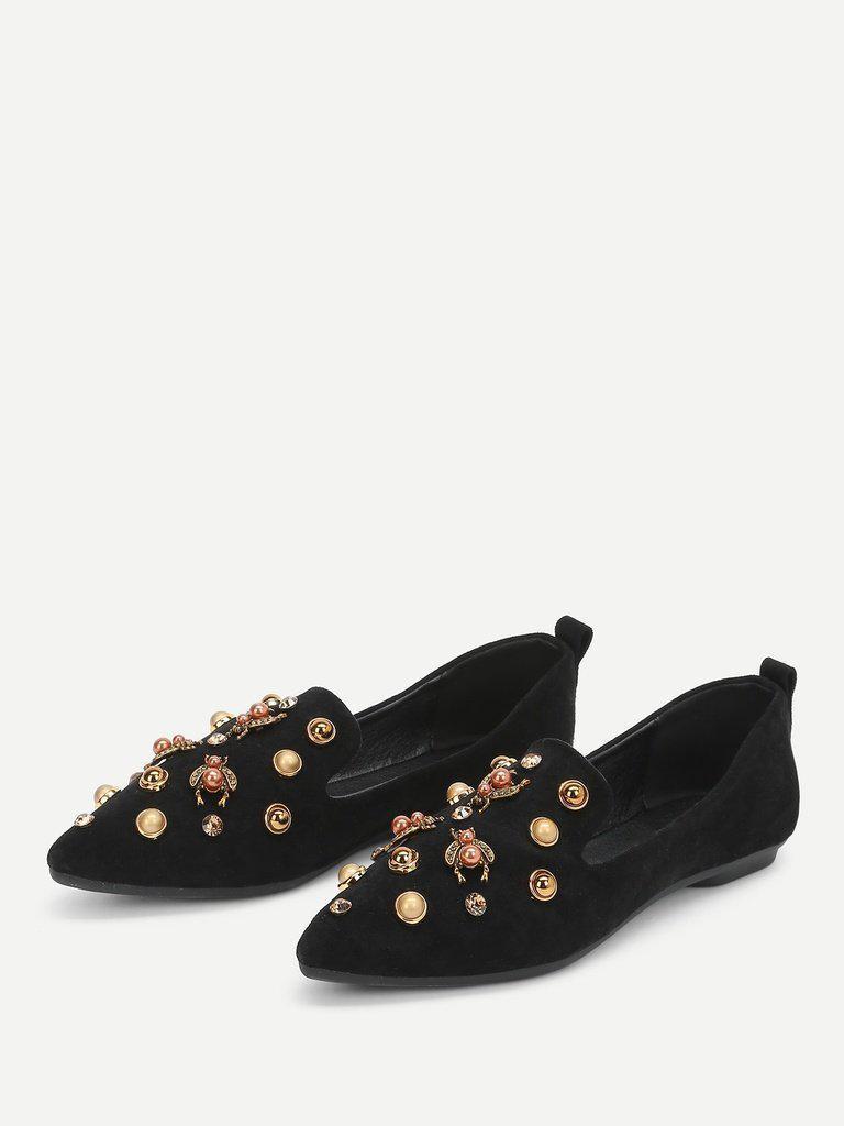 Faux Pearl Decorated Pointed Toe Flats-shoes-Des Mess