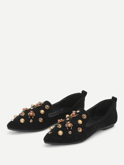 Faux Pearl Decorated Pointed Toe Flats-shoes-Des Mess