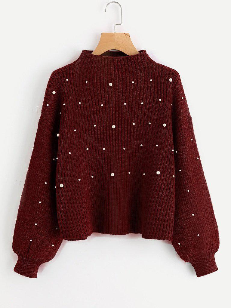 Pearl Embellished Exaggerated Bishop Sleeve Ribbed Sweater-outerwear-Des Mess