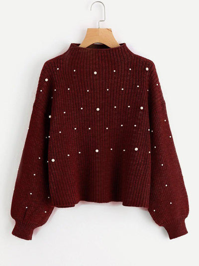 Pearl Embellished Exaggerated Bishop Sleeve Ribbed Sweater-outerwear-Des Mess