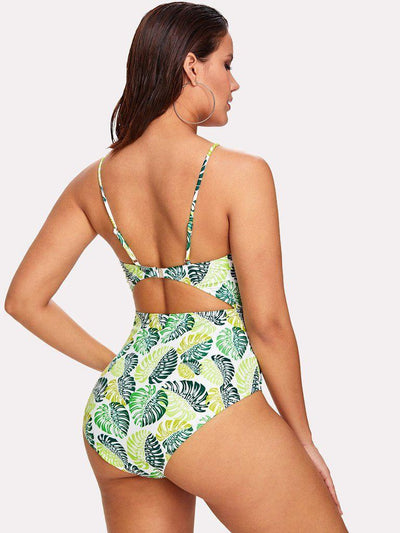 Palm Print Cut Out Swimsuit-swimwear-Des Mess