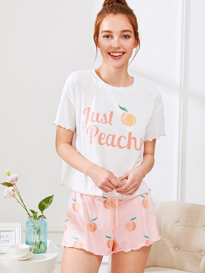 Fruit Print Lettuce Edge Tee And Shorts PJ Set-loungewear-Des Mess