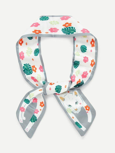 Flower & Cat Print Skinny Scarf-accessories-Des Mess