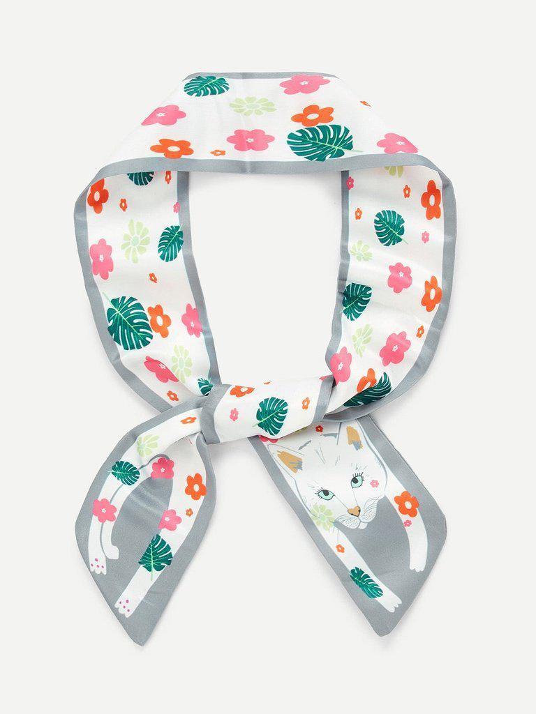 Flower & Cat Print Skinny Scarf-accessories-Des Mess