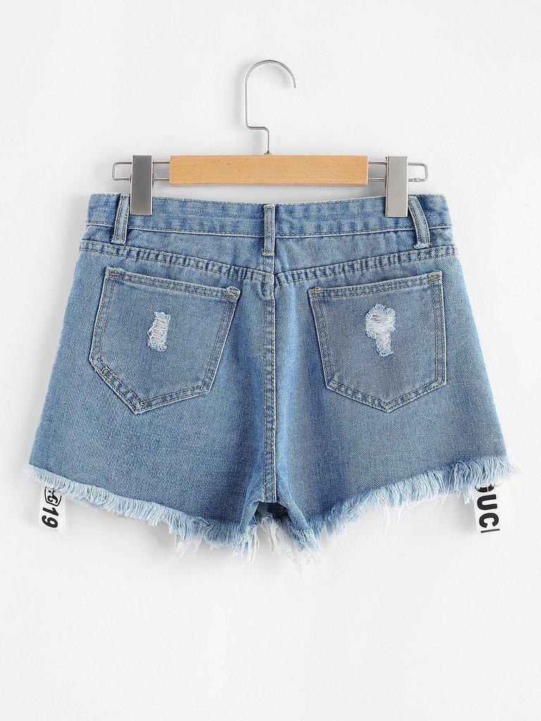 Frayed Hem Ripped Letter Denim Shorts-bottom-Des Mess