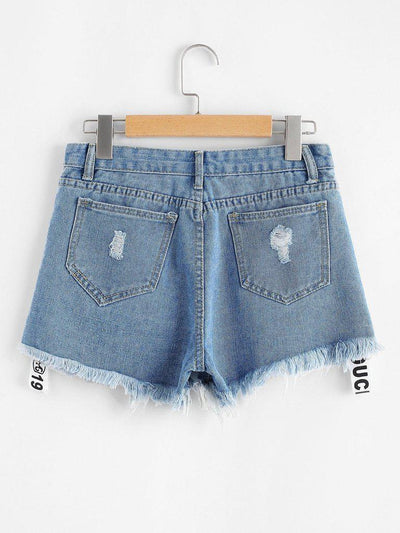 Frayed Hem Ripped Letter Denim Shorts-bottom-Des Mess