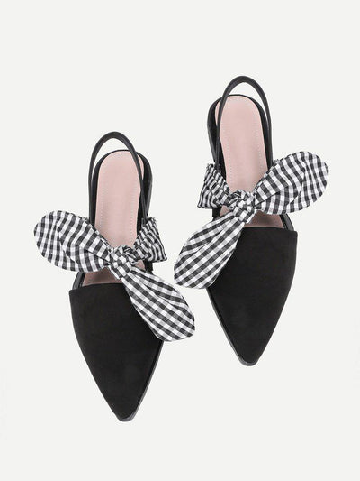 Gingham Bow Tie Decorated Pointed Toe Flats-shoes-Des Mess