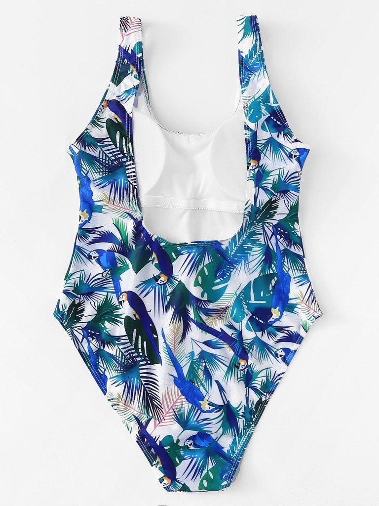 Bird Print Low Back Swimsuit-swimwear-Des Mess