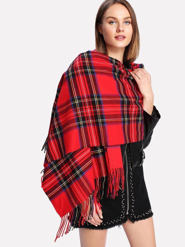 Fringe Trim Plaid Scarf-accessories-Des Mess