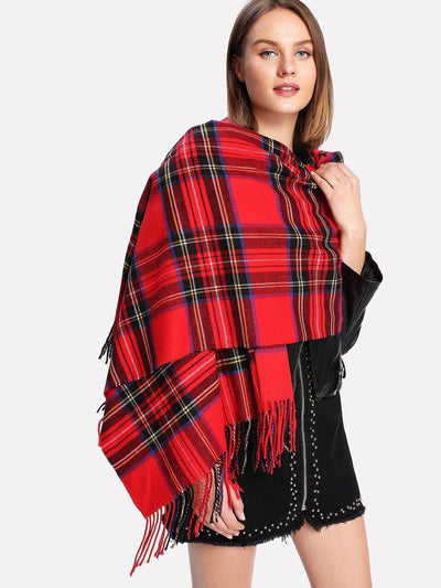 Fringe Trim Plaid Scarf-accessories-Des Mess