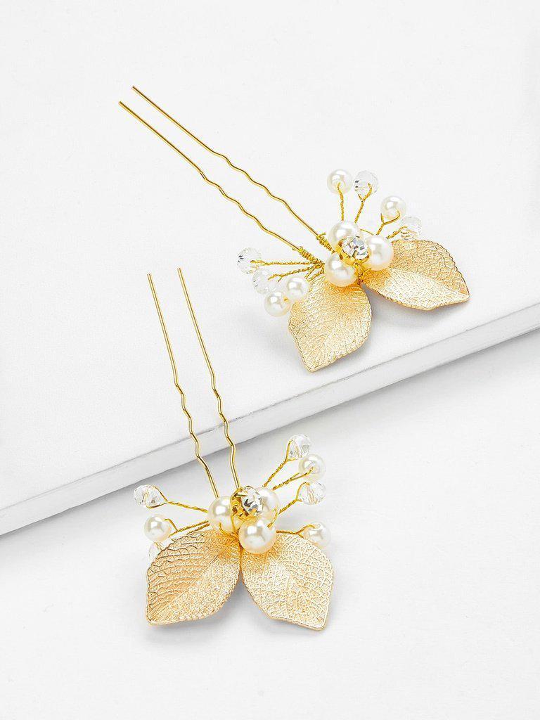 Leaf & Faux Pearl Design Hair Clip-hair-Des Mess