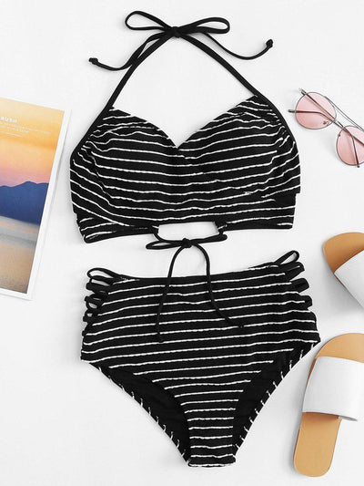 Cross Wrap Striped Halter Bikini Set--Des Mess