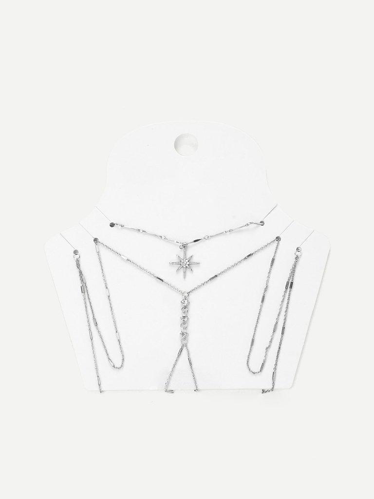 Rhinestone Detail Chain Body Harness With Necklace-jewelry-Des Mess