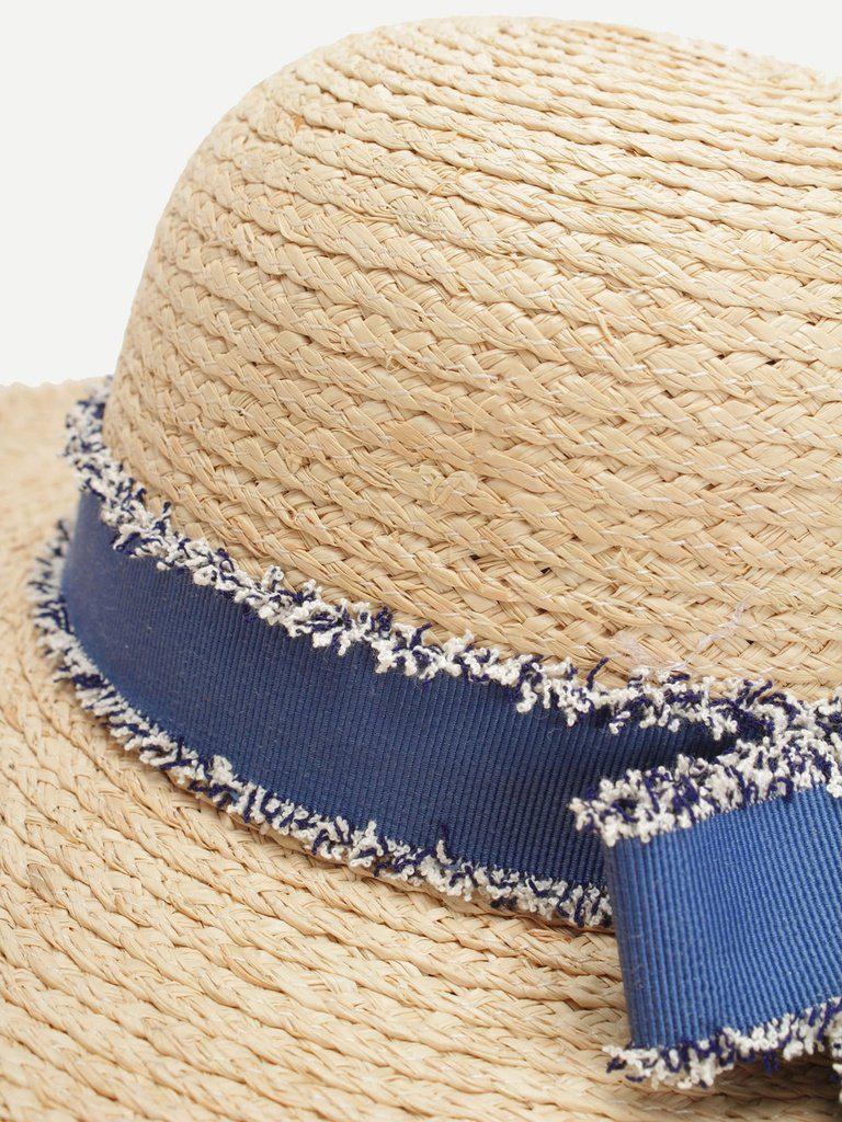 Bow Tie Frayed Trim Straw Hat--Des Mess