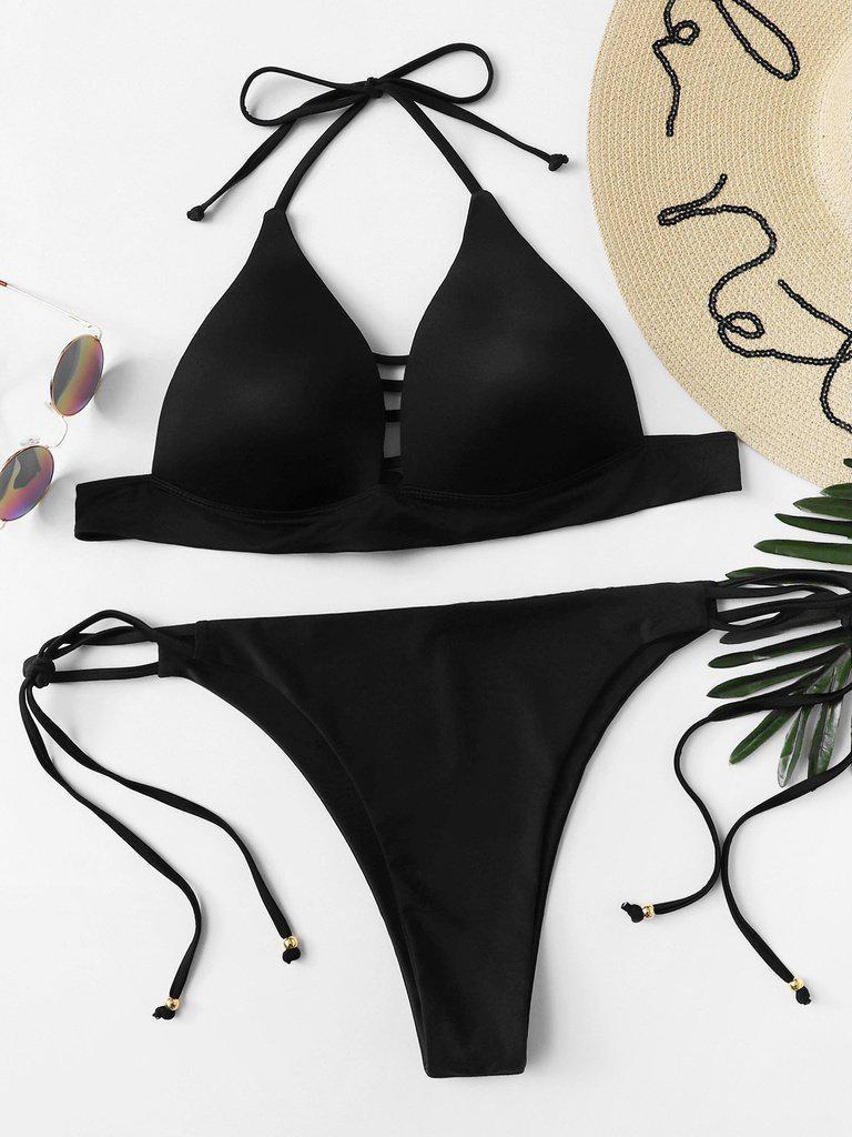 Self Tie Halterneck Strappy Bikini Set-swimwear-Des Mess