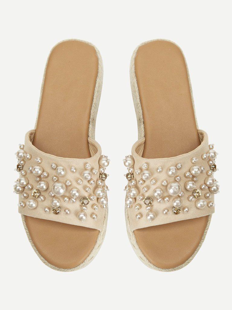 Faux Pearl Espadrille Platform Wedges-shoes-Des Mess