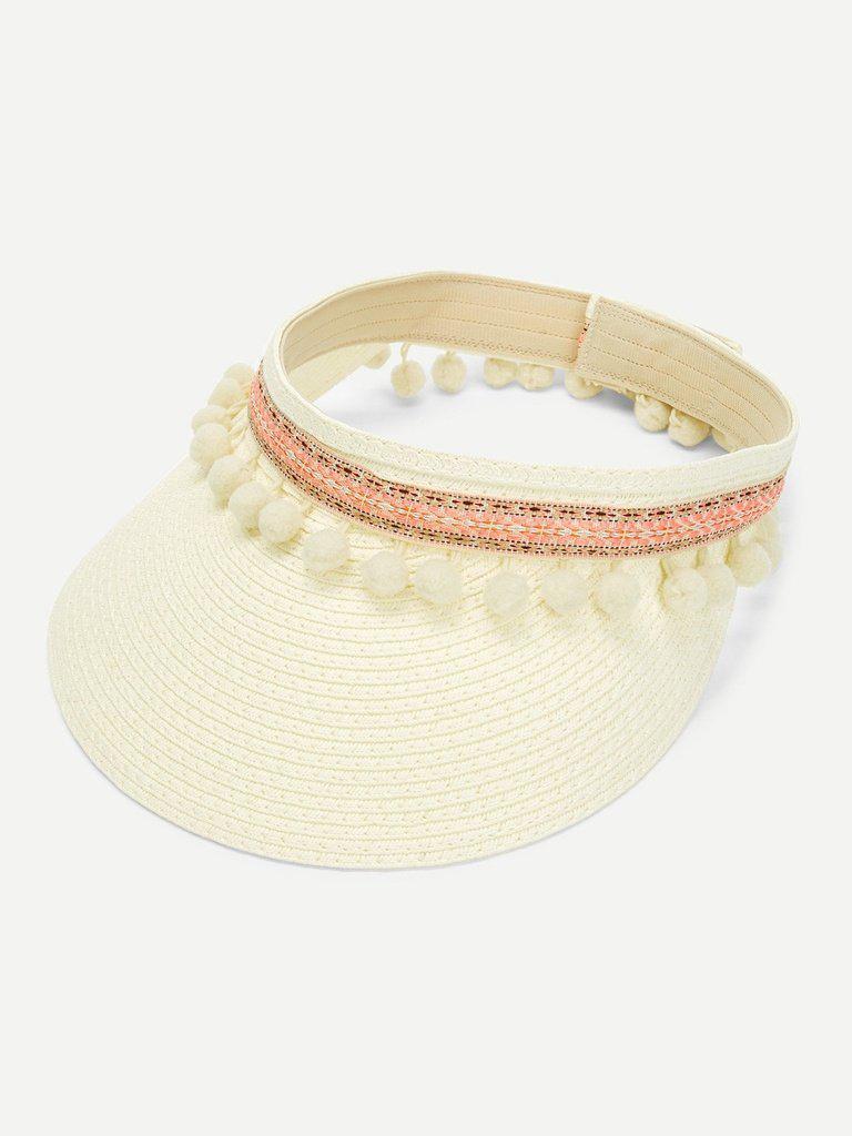 Pom Pom Trim Straw Visor Hat-accessories-Des Mess