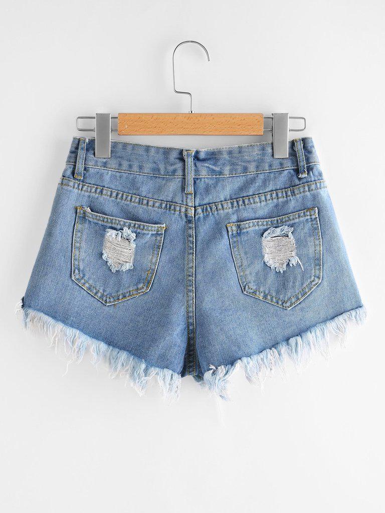 Destroyed Frayed Hem Denim Shorts-bottom-Des Mess