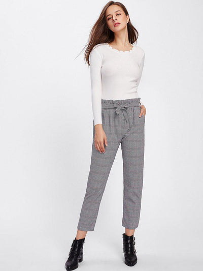 Tie Waist Glen Plaid Frill Pants-bottom-Des Mess