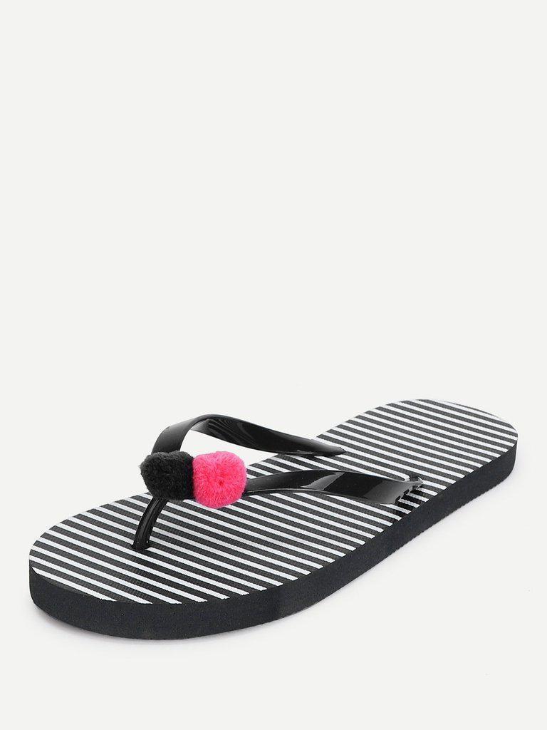Pom Pom Detail Striped Flip Flops-shoes-Des Mess