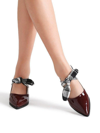 Burgundy Plaid Tie Patent Leather Chunky Heel Pumps-shoes-Des Mess