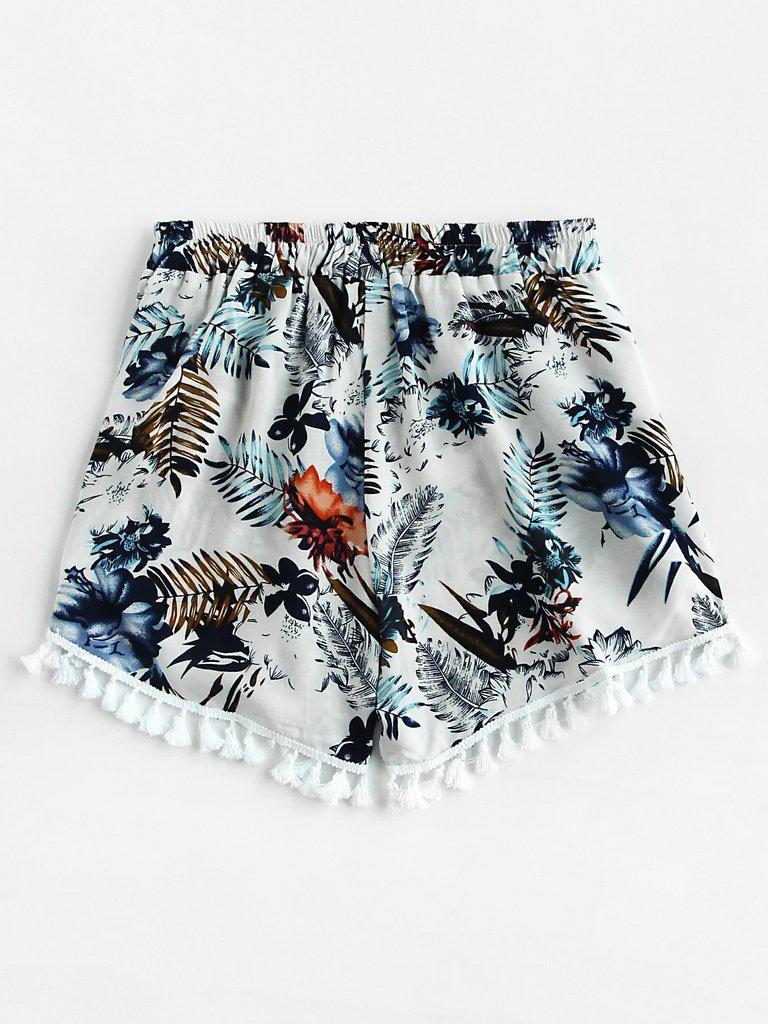 Palm Leaf Random Tassel Trim Shorts-bottom-Des Mess