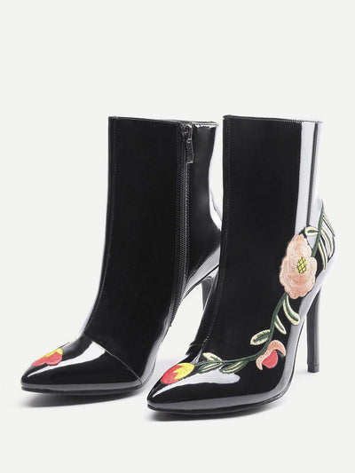 Flowers Embroidery Stiletto Ankle Boots-shoes-Des Mess