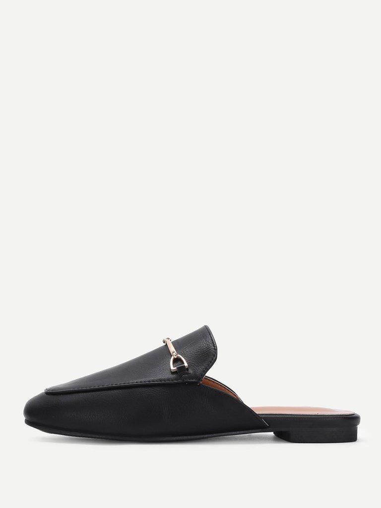 Metal Detail Square Toe PU Flats-shoes-Des Mess