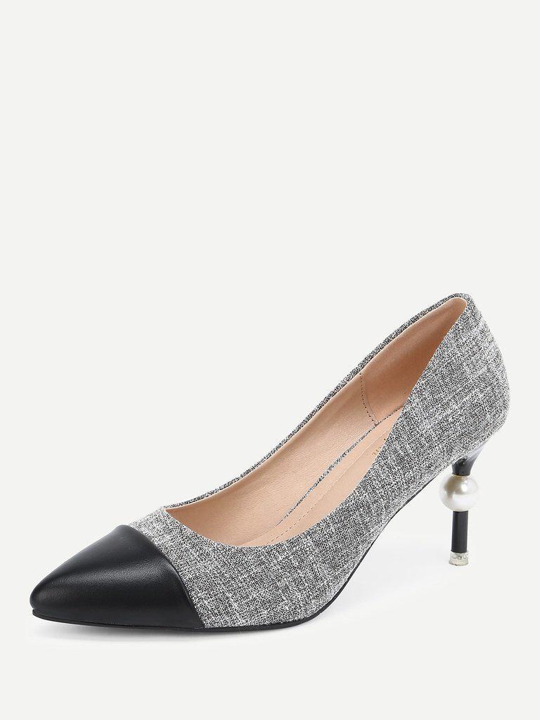 Faux Pearl Decor Cap Toe Heels-shoes-Des Mess