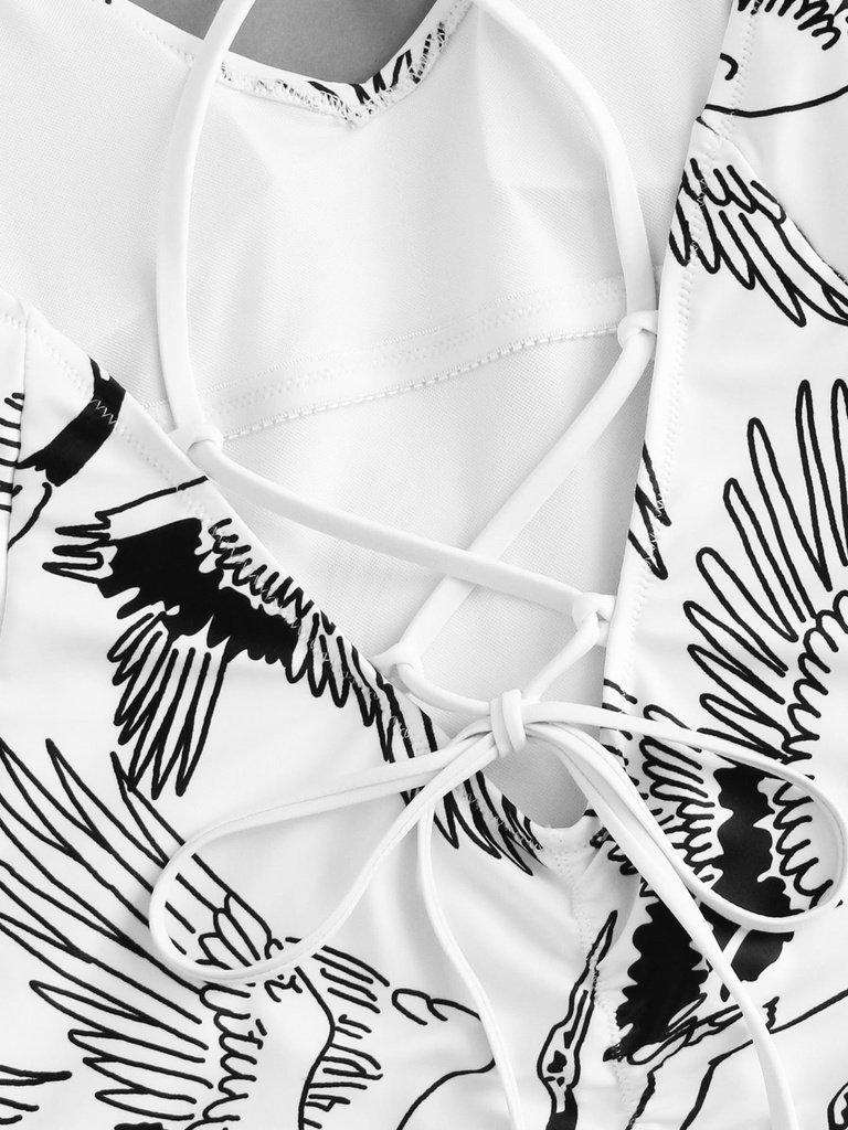 Crane Print Lace Up Back Swimsuit-swimwear-Des Mess